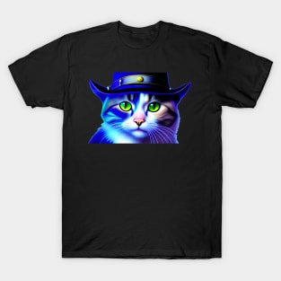 Green Eyed Cat Rocks Blue Fedora T-Shirt